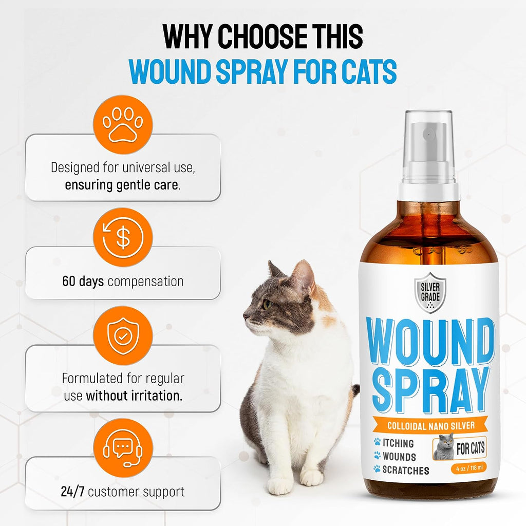 SILVER GRADE Cat Wound Care Spray with Silver – Wounds, Rashes, Hot Spots, Itch, Scratching, Irritation, Bites & Burns – Use a Cat Cone to Prevent Licking – Safe Formula – 4 Oz