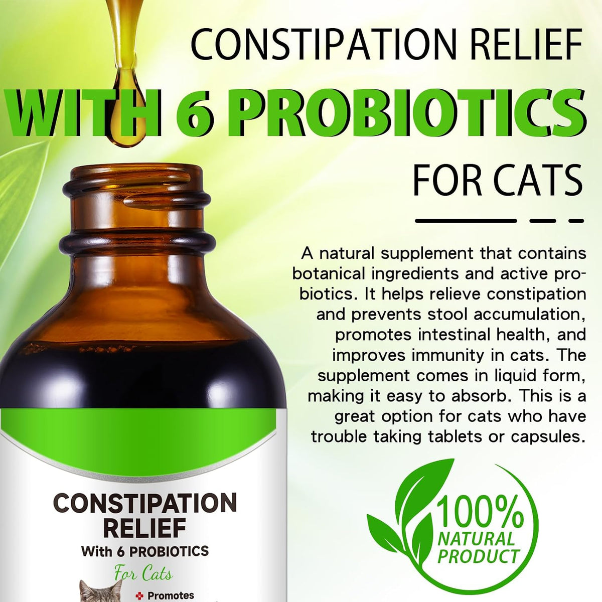 Cat Constipation Relief, Cat Laxative Constipation Relief, 100% Natural Laxative with 6 Probiotics Stool Softener, Promotes Digestive Health - 2 fl oz