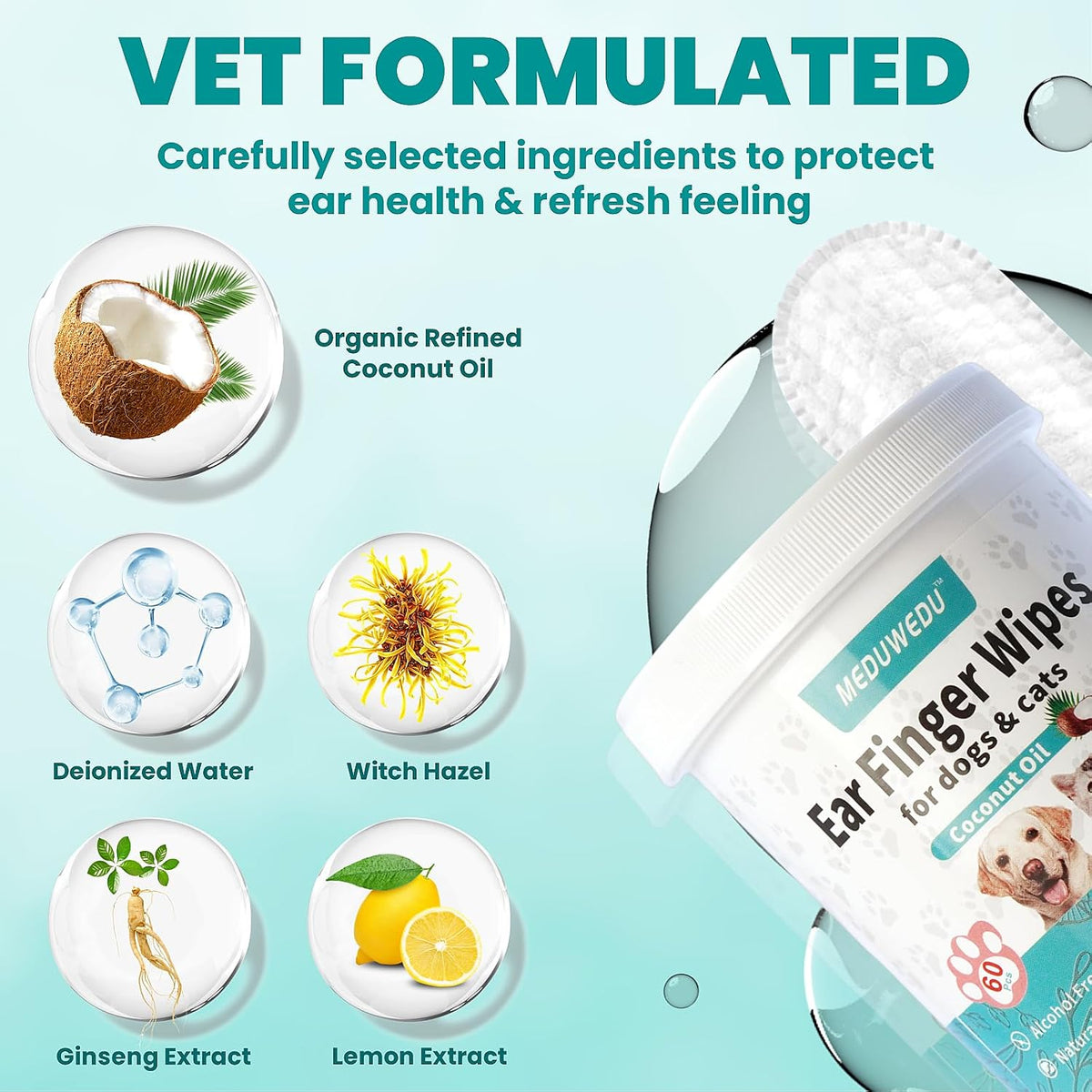 MEDUWEDU Ear Cleaner Finger Wipes 60 Counts, Dog Ear Cleaner, Grooming Kit Care for Dogs and Cats, Soft & Easy Otic Cleaning Pads, Remove Wax, Dirt & Stop Smelly, Itchy, Non-Irritating, Coconut Scent