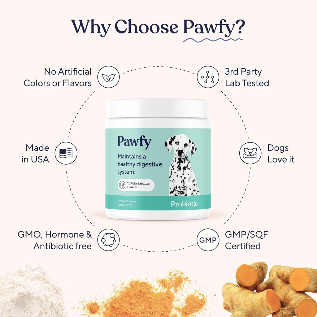 Pawfy Probiotics for Dogs - Digestive & Gut Health Supplement for Yeast | Probiotic Blend for Firm Stools, Healthy Skin & Seasonal Allergies Support. Small & Large dogs | 30 Chews.