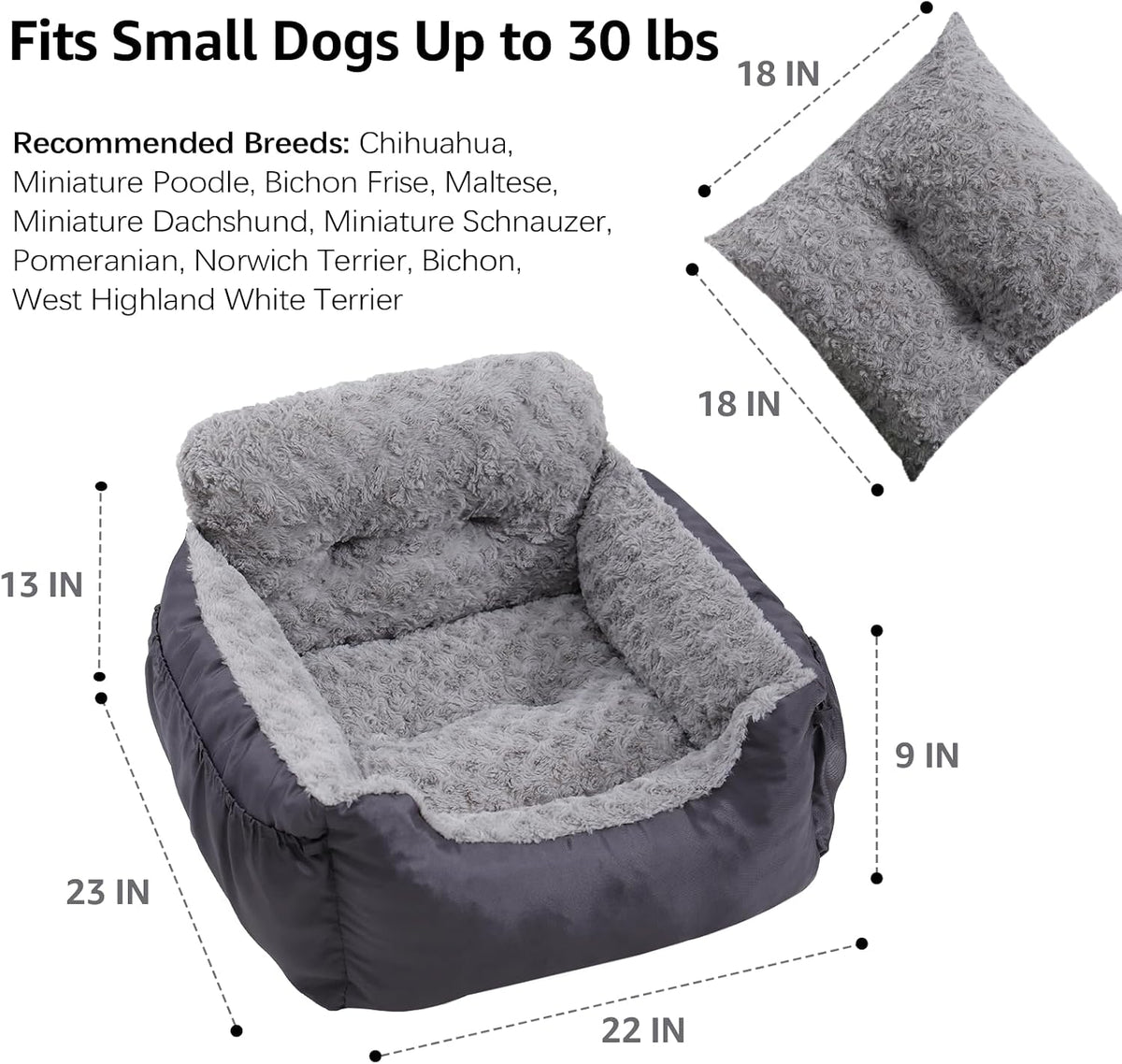 Oiilores Dog Car Seat for Small Dogs, Washable Pet Booster Car Seats with Clip-On Safty Leash, Comfy Deluxe Plush Carseat with Storage Pockets, Puppy Travel Carrier Bed for Dogs Under 25 lbs, Grey