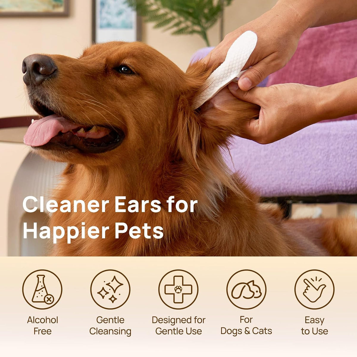 HICC PET Ear Cleaner Finger Wipes for Dogs & Cats, Coconut Scent, 50 Count | Removes Ear Dander, Dirt & Debris for Fresher Ears, Gentle Extra-Large Finger Wipes for Daily Ear Cleaning