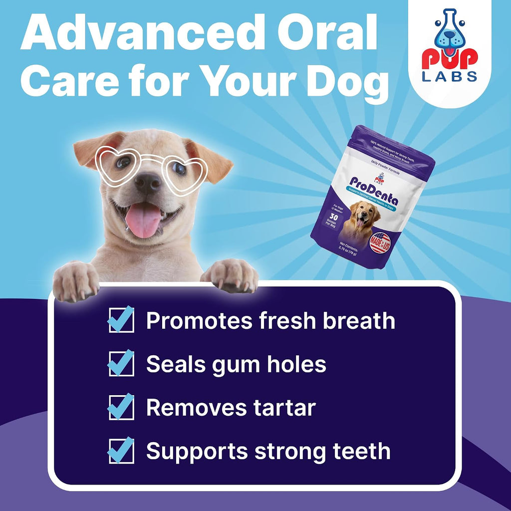 Pup Labs ProDenta, All-Natural Dog Dental Powder for Teeth Cleaning, Dental Powder for Dogs Teeth with Breath Freshener. Easy to use for Tartar Removal and Leaky Gums. Made in USA, 30 Servings