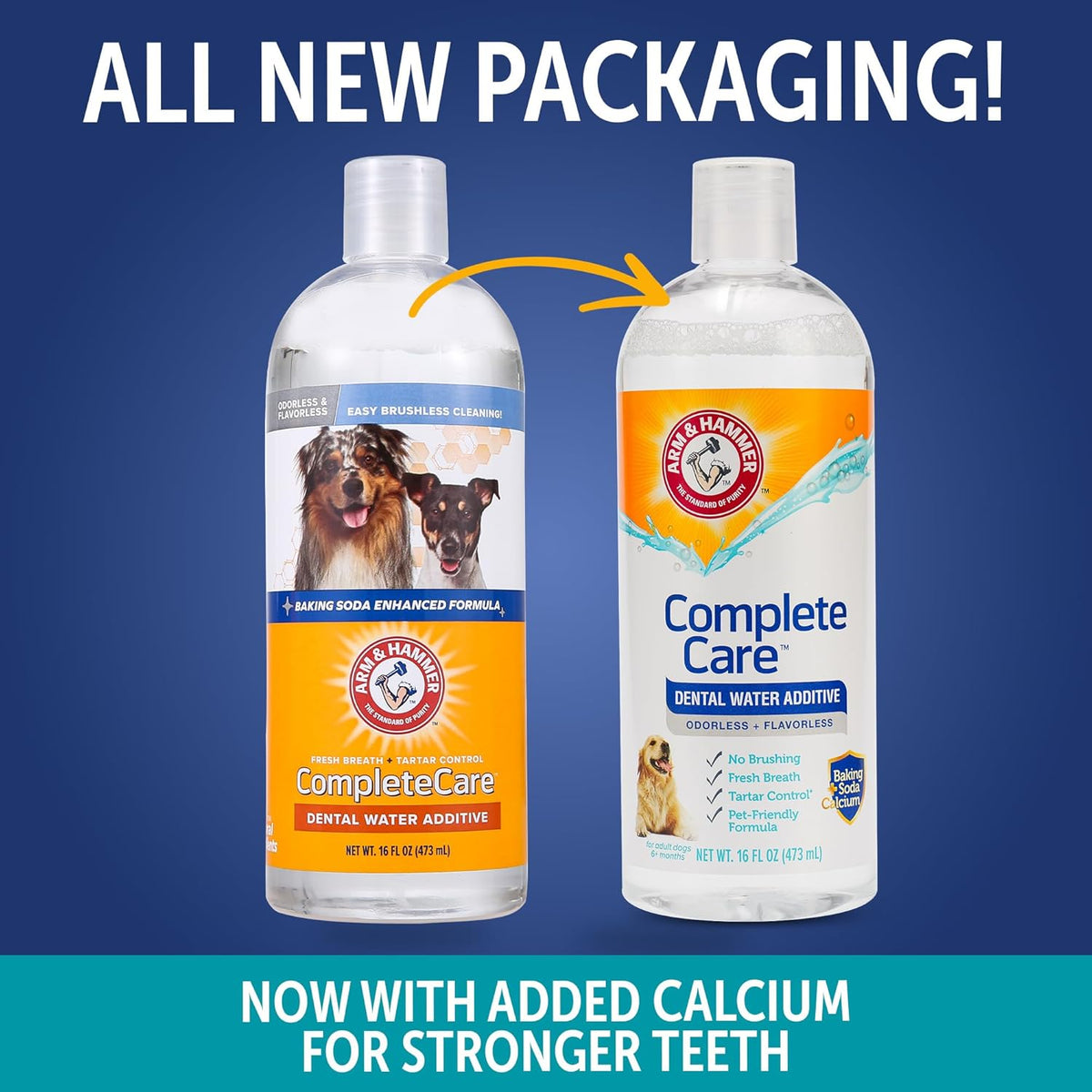 Arm & Hammer Complete Care Dog Dental Water Additive, 16 Fl Oz | Odorless, flavorless daily formula with baking soda and calcium fights plaque, tartar, and bad breath