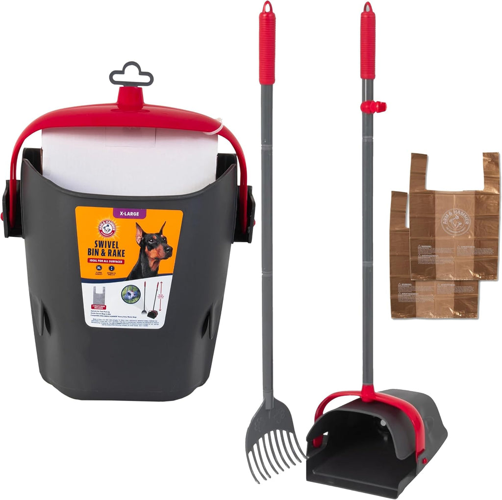 Arm & Hammer Swivel Bin & Rake Dog Pooper Scooper, Includes 2 Waste Bags | Includes 2 Heavy Duty Scented Waste Bags for Easy, No Touch Disposal