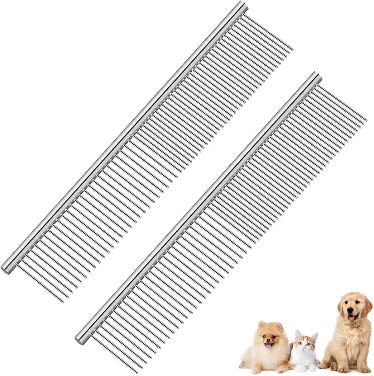Dog Grooming Comb Pet, Stainless Steel Cat Combs with Rounded Teeth, Professional Metal Tear Stain Remover, Dematting Tool for Small, Medium & Large Pets-7.5in