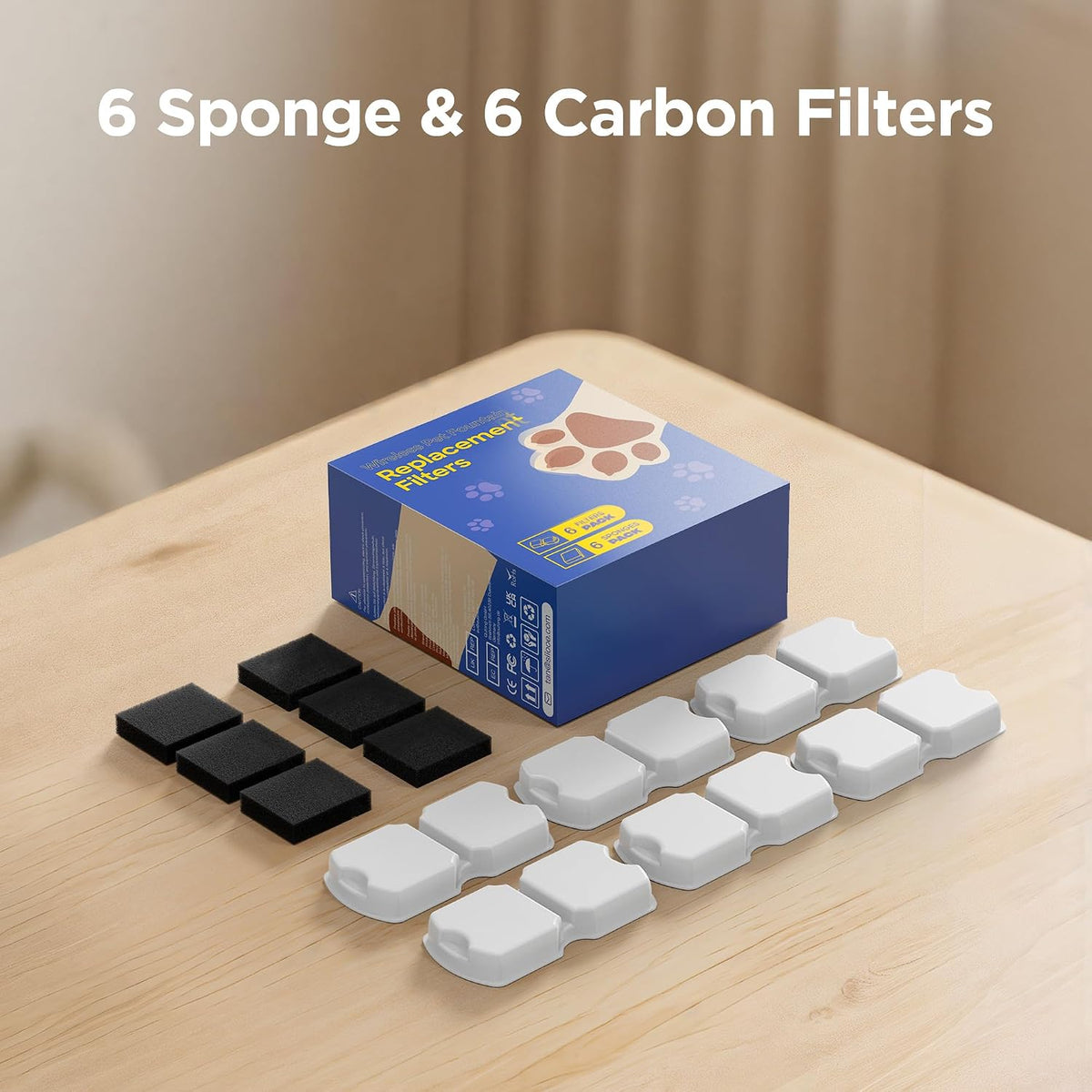 Cat Water Fountain Filter: 12 Cat Fountain Filter Replacement - 3 Months Set of Replacement Filters for GIOTOHUN KOOGMOON UMOCUOY IHOUONE HOOISE Pet Fountains - 6 Filters & 6 Sponges