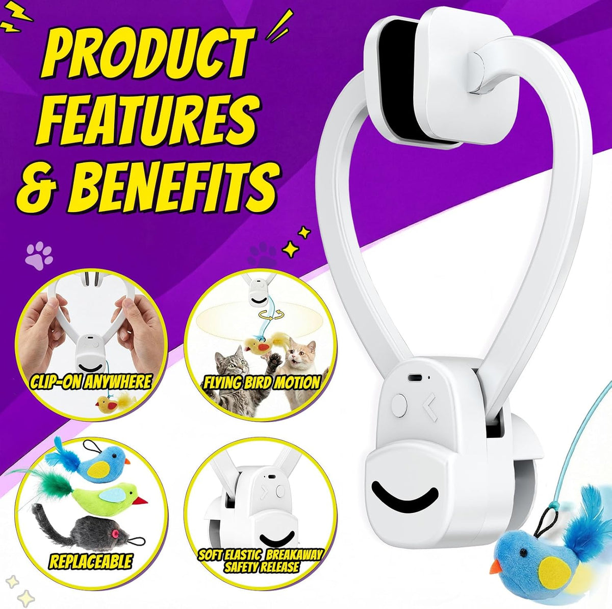 Interactive Cat Toys for Indoor Cats, Clip-On Automatic Flying Bird