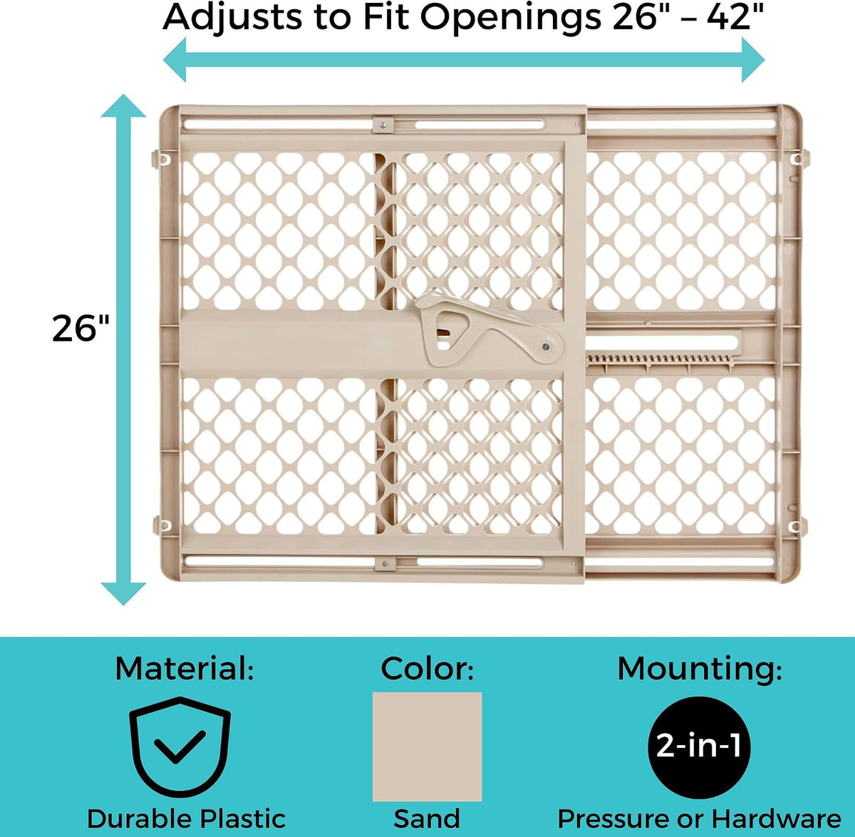 Toddleroo by North States - Supergate Ergo Baby Gate: Plastic Baby Gate for Stairs & Doorways - Adjustable Indoor Safety Gate - Made in USA - 26 to 42 Inches Wide - 26 Inches Tall - Sand