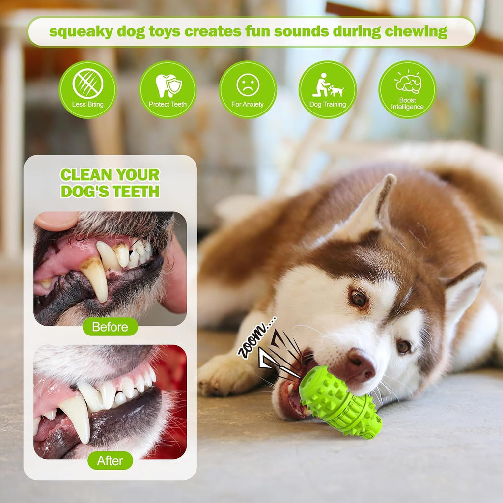 PIFFZEDO Natural Rubber Squeaky Dog Chew Toy for Large Aggressive Chewers | Indestructible large squeak toy, tough chew toy for power chewers, birthday gift, cleans tartar, green large size