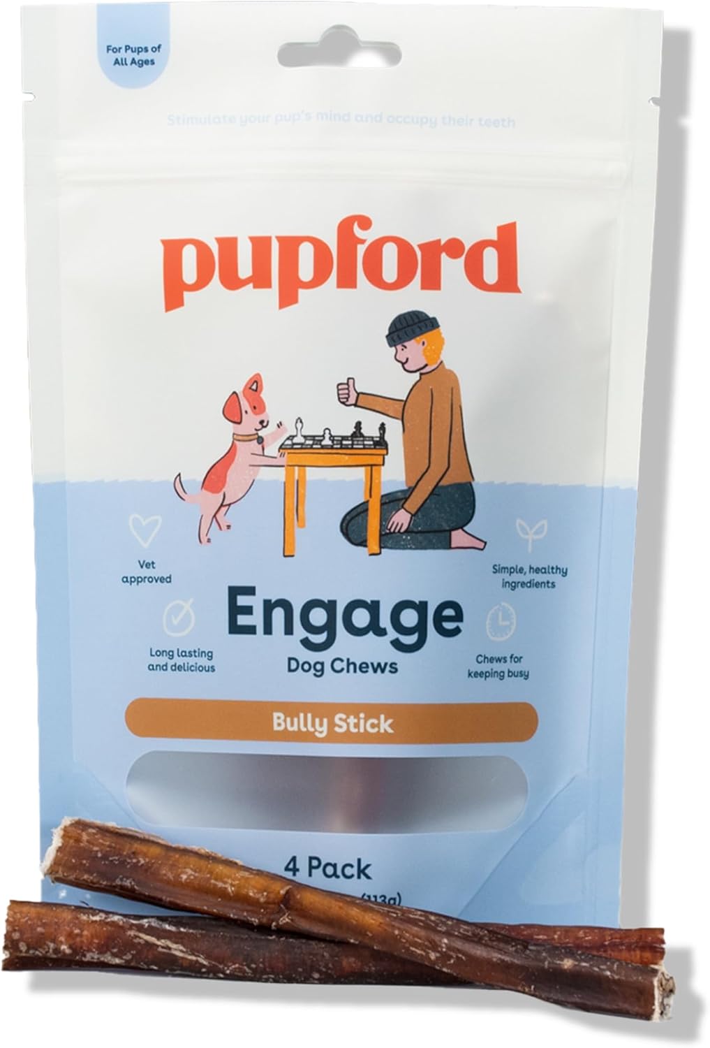 Pupford Bully Sticks for Dogs & Puppies, Teething Chew Toy (6", 4 Count) | Smoked for better smell, Long-lasting mental enrichment, 1 ingredient, Made in the USA, Redirect biting, Small & medium dogs