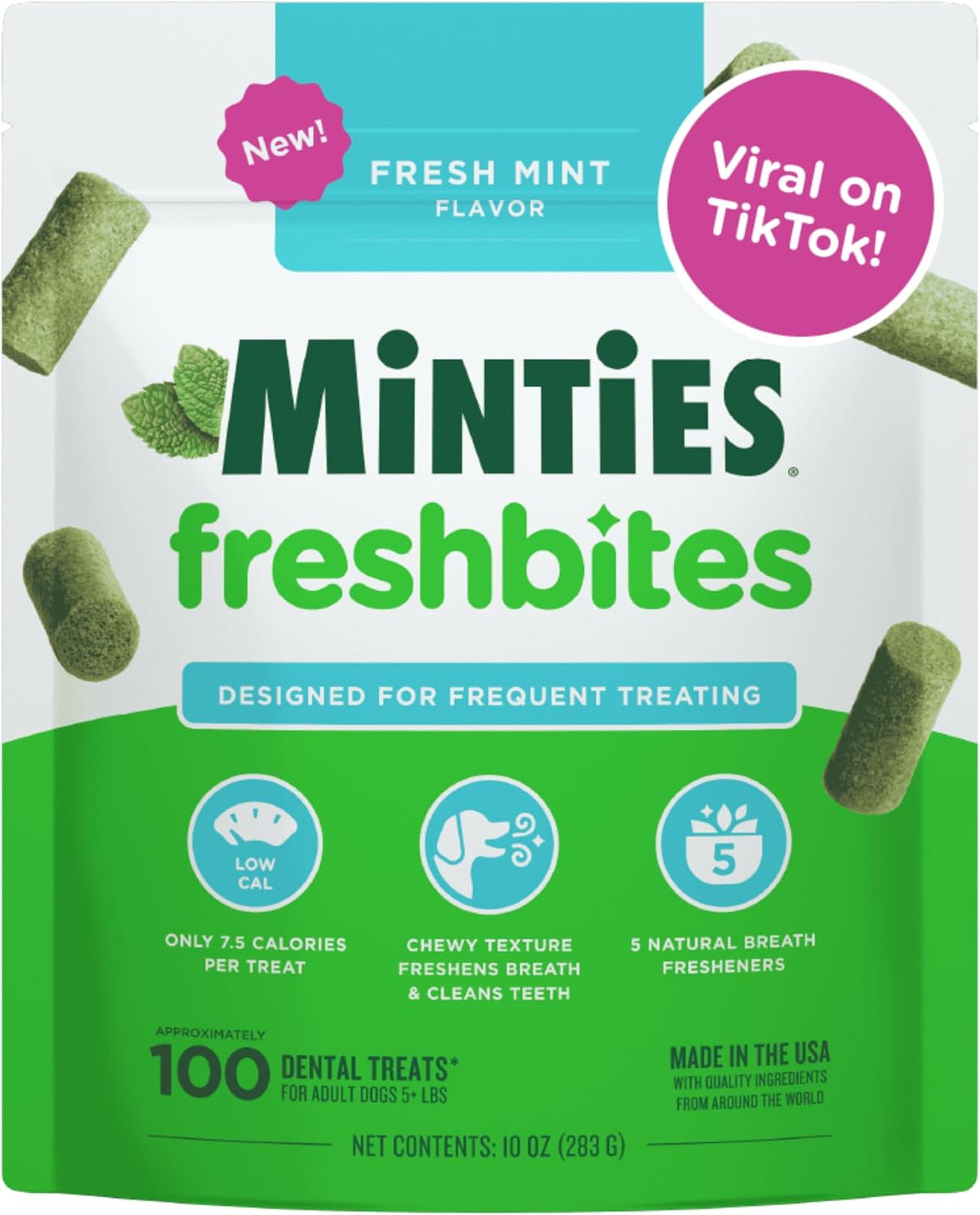 Minties Dental Chews for Dogs, 60 Count, Vet-Recommended Mint-Flavored Dental Dog Treats for Medium Dogs, Bones Clean Teeth, Fight Bad Breath, and Removes Plaque and Tartar | Vet-recommended mint dental bone; scrubs teeth as dogs chew; fights plaque, tart