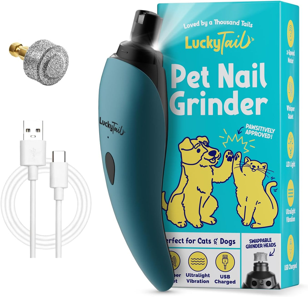LuckyTail Pet Nail Grinder for Dogs and Cats - Super Quiet and Low Vibration Electric Dog Nail Grinder with 2 LED Lights - USB Rechargeable and Cordless - 2 Speeds - Small to Large Pets