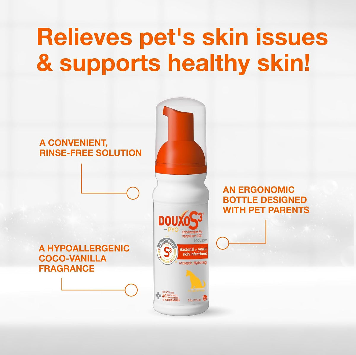 Douxo S3 PYO Medicated Dog Mousse - Bacterial & Yeast Infection Treatment | Chlorhexidine for Dogs; Waterless Shampoo, Antibacterial & Antiseptic, for Dogs Only, Clinically Proven, 5 fl oz
