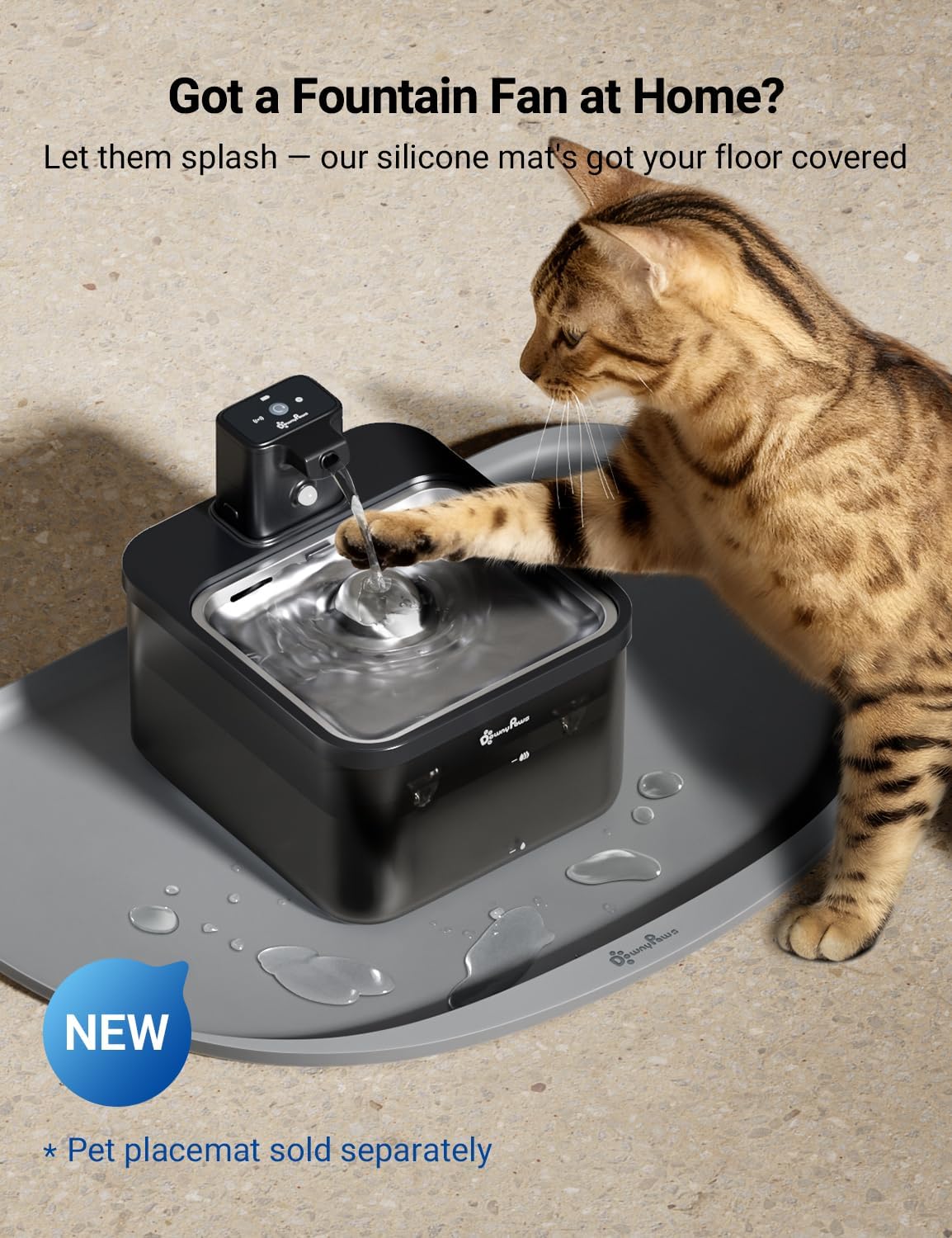 DownyPaws Cat Water Fountain Cordless, Pet Fountain, 84oz/2.5L, Black Pro
