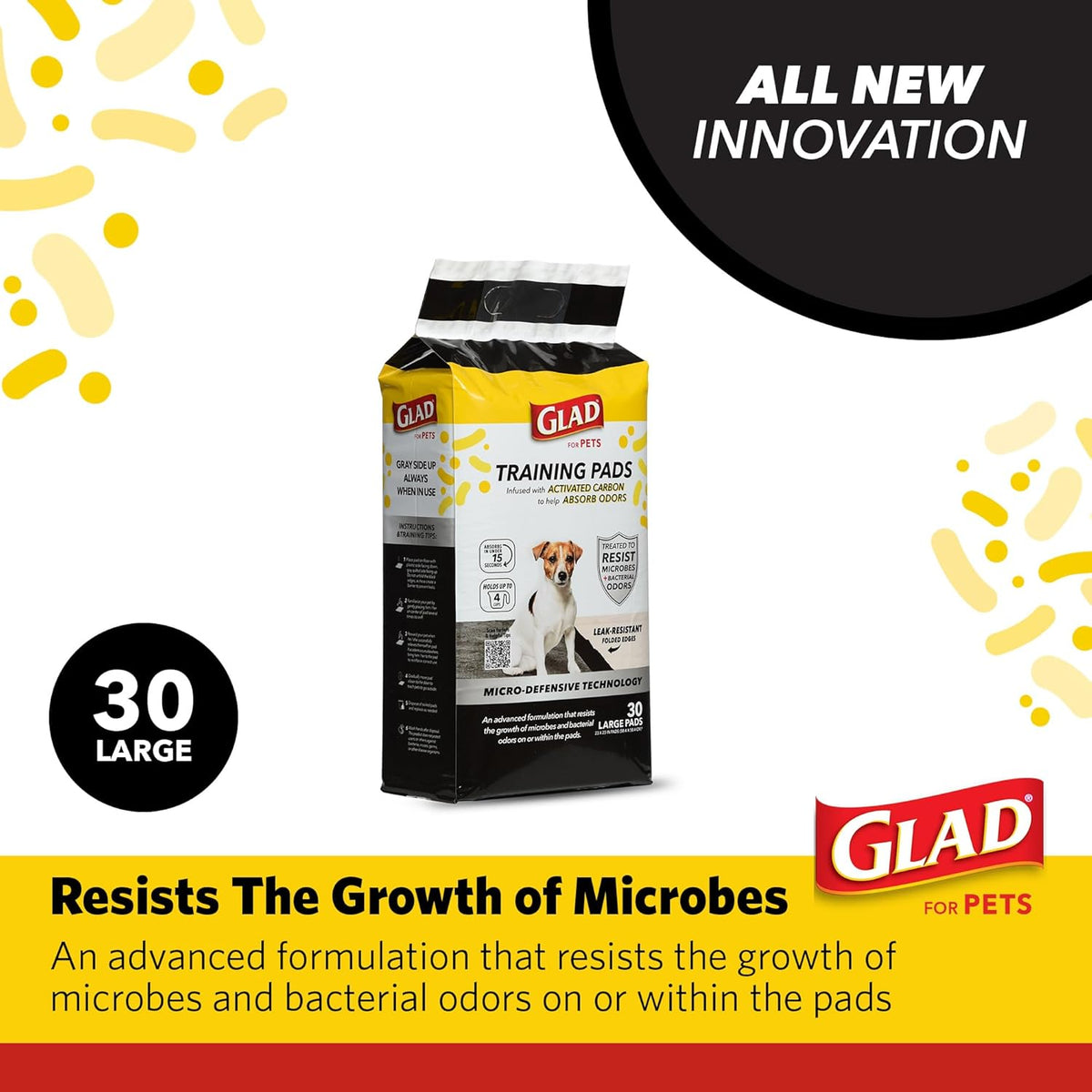 Glad for Pets Activated Carbon Training Pads, Anti-Microbial, 30 Count | 6-layer, leak-proof pads with odor control technology, 23 x 23 in coverage for indoor potty training