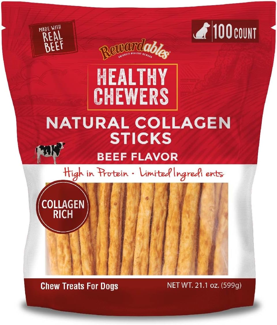 Rewardables | Healthy Chewers | Natural Collagen and Beef Sticks for Dogs | 100 Count | High Protein and Limited Ingredient Dog Chews