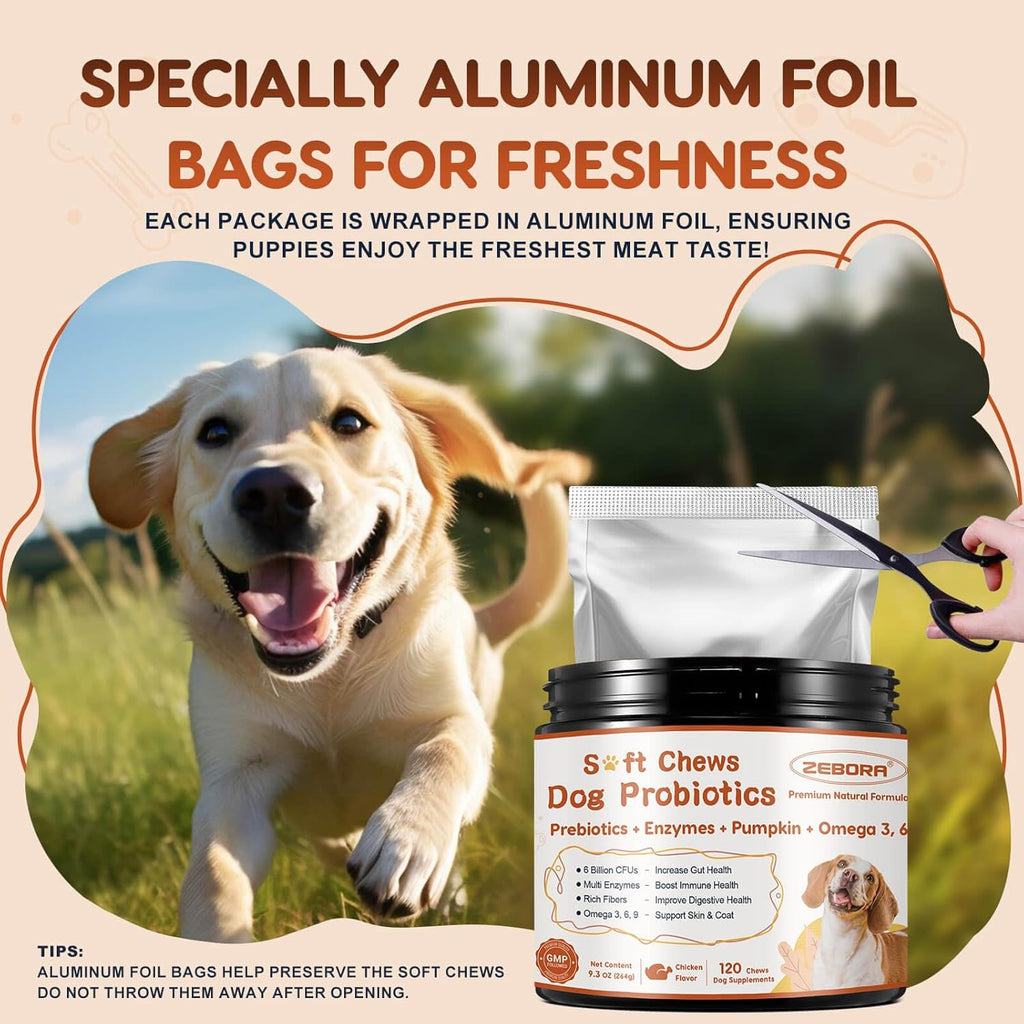 ZEBORA Probiotics for Dogs, Digestive & Itch Relief, 120 Soft Chews | Dog Probiotics for Digestive Health, Pumpkin & Fish Oil, Freshens Bad Breath, Easy to Break Apart, Daily Gut & Skin Support