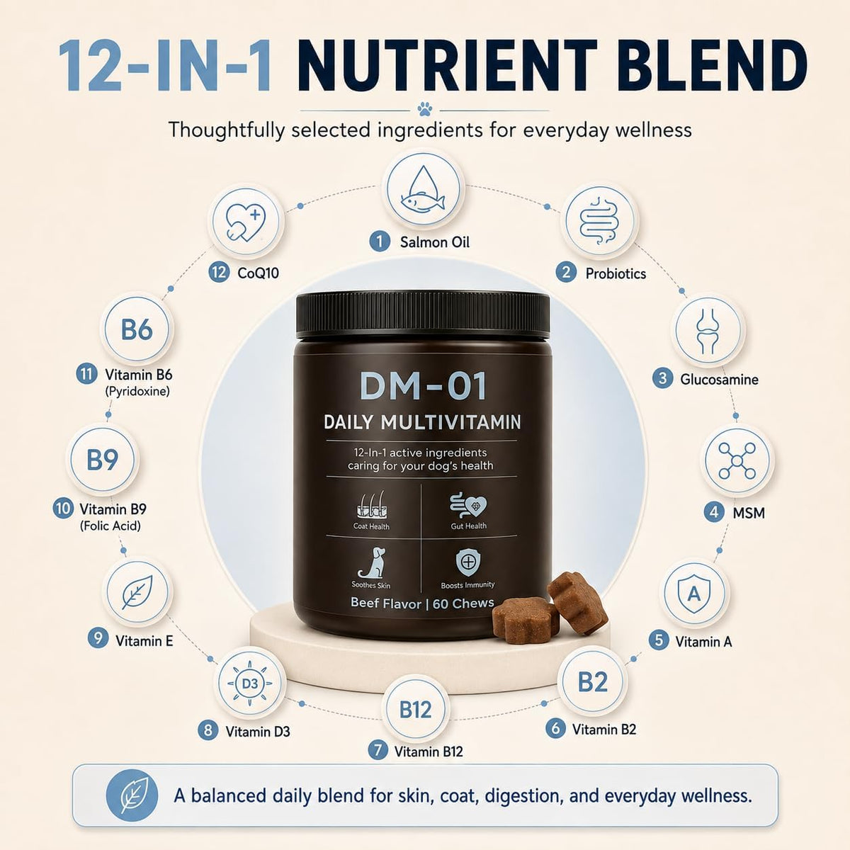 DM-01 Daily Multivitamin, Multivitamin Itch Relief Chews for Dog, Beef | 12-in-1 daily multivitamin chews with Salmon Oil, Probiotics, Glucosamine & Essential Vitamins for everyday dog wellness.