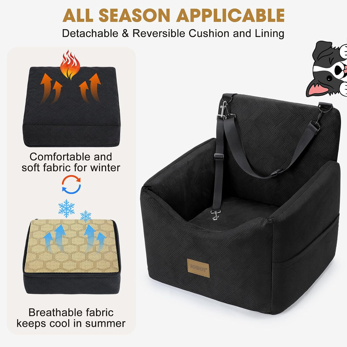 JOEJOY Dog Car Seats for Small Medium Dogs Under 35lbs, Dog Booster Seat with Detachable Washable Cover and Cushion, Memory Foam Pet Car Seat with Safety Belt and Storage Pockets (Black)