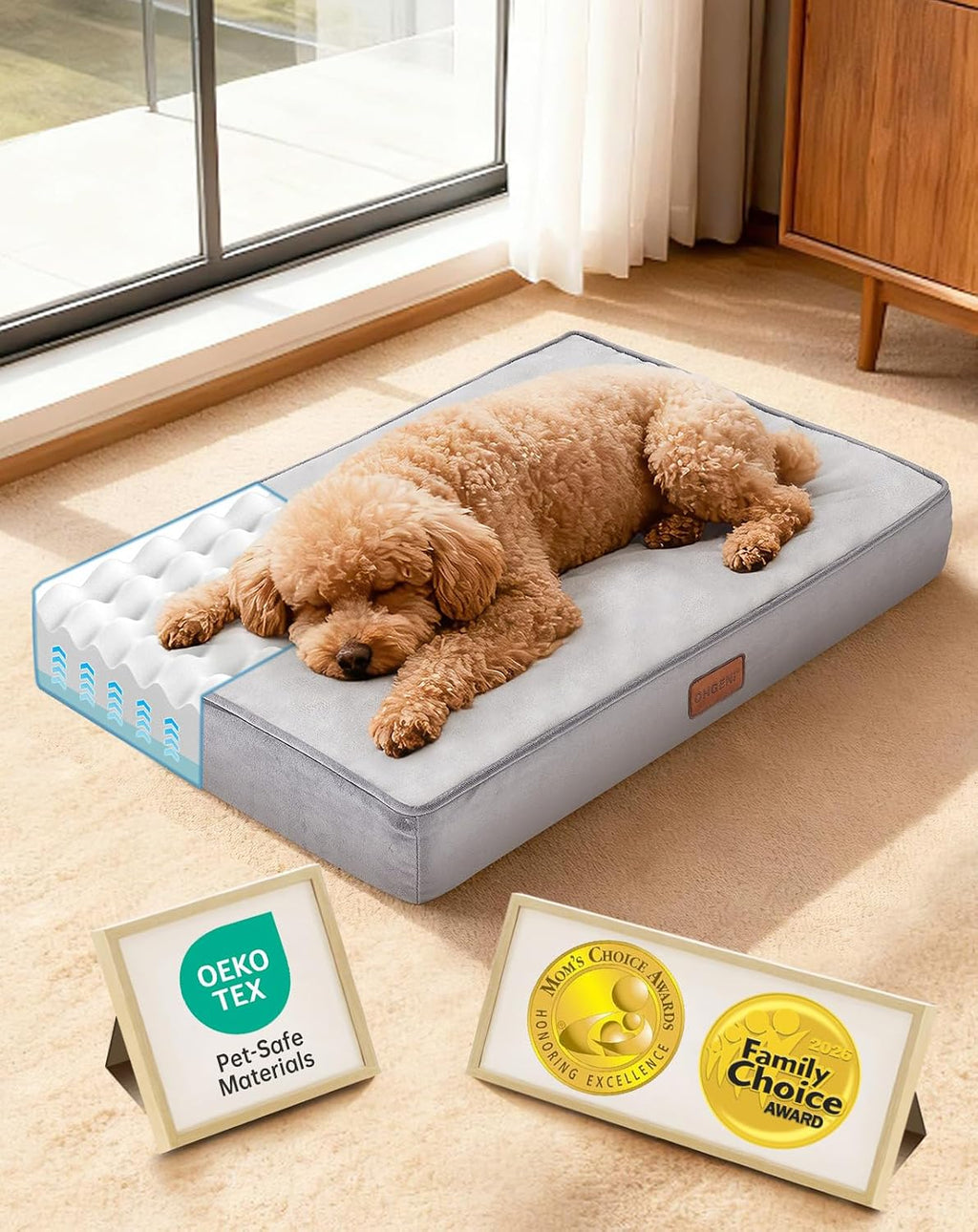 OhGeni Orthopedic Waterproof Large Dog Bed, Memory Foam, 41 inch(Gray)
