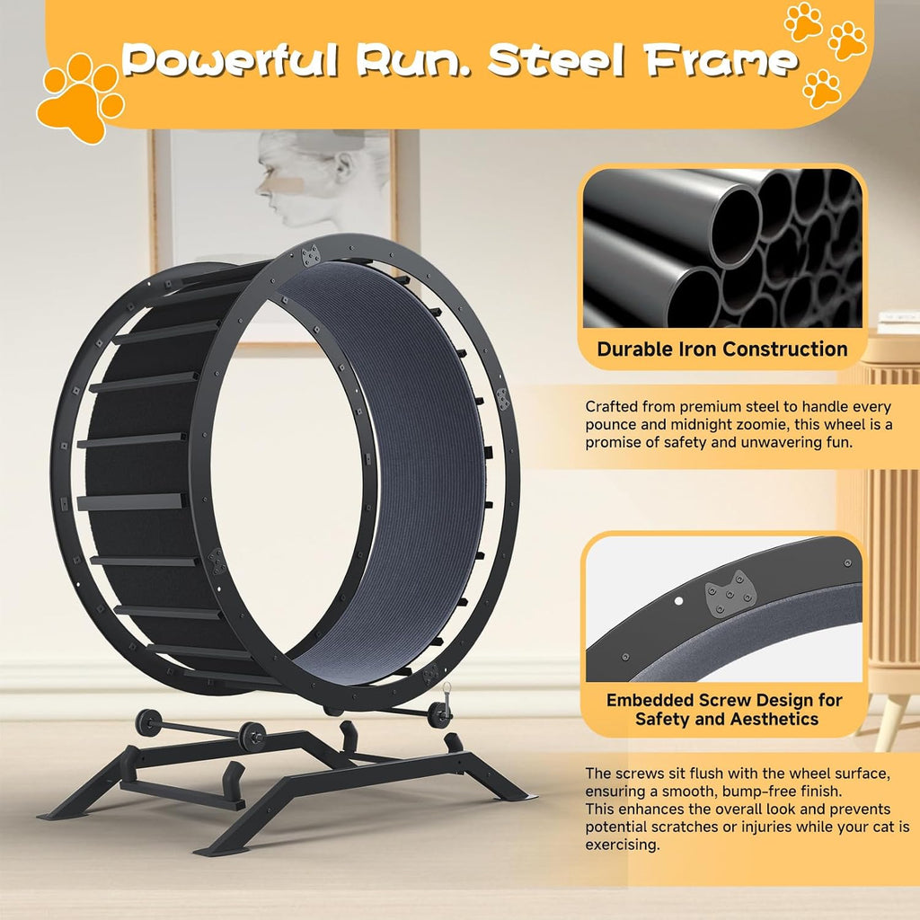 GTPLAYER Cat Wheels, 40" Diameter, Large Cat Exercise Wheel for Indoor Cats cat Treadmill Metal with Detachable Carpet & Teaser/Stickers, Ultra-Quiet Scroll Wheel with Latch, Safe and Stable, Grey