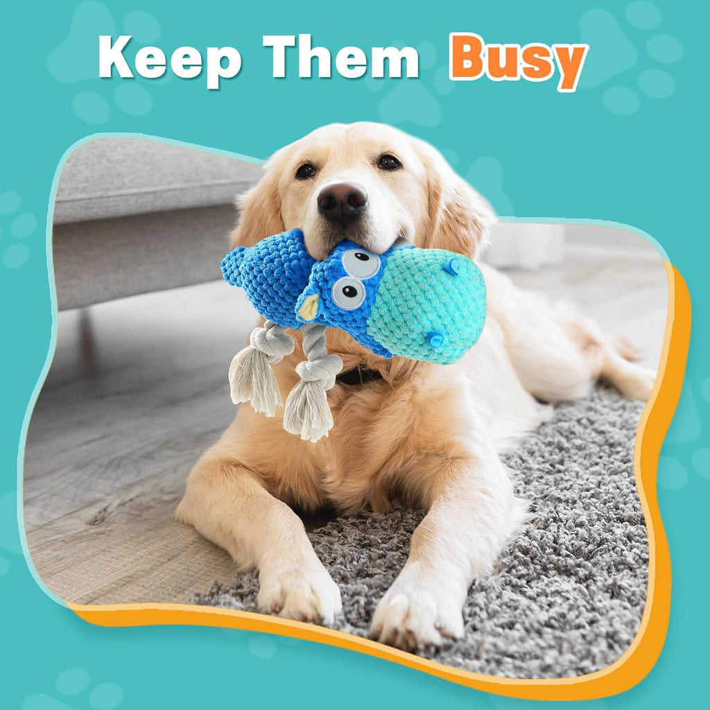 TOOPTATE Hippo Squeaky Dog Toy, Blue, Medium | Cute Plush Design, Rope Legs for Tugging, Helps Keep Dogs Busy, Suitable for Small, Medium, and Large Dogs