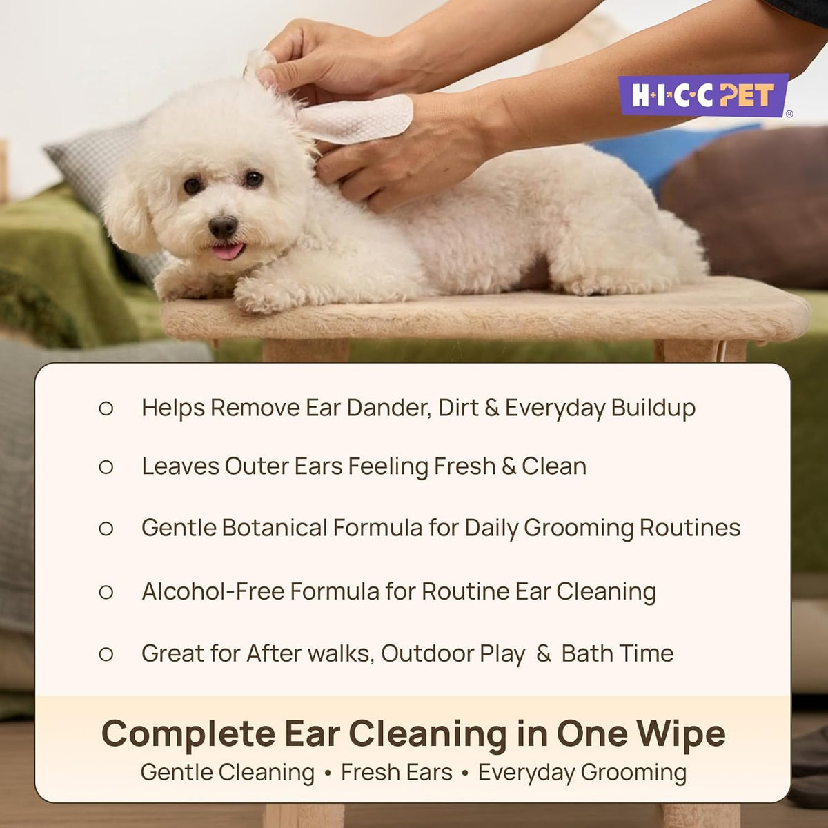 HICC PET Ear Cleaner Finger Wipes for Dogs & Cats, Coconut Scent, 50 Count | Removes Ear Dander, Dirt & Debris for Fresher Ears, Gentle Extra-Large Finger Wipes for Daily Ear Cleaning