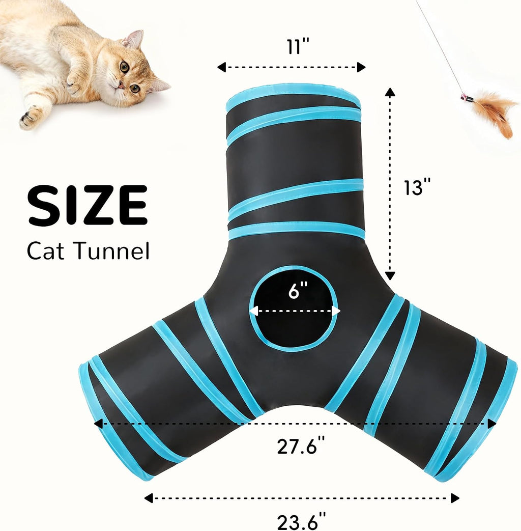 Tempcore Cat Tunnel, 3-Way Collapsible Toy for Indoor Cats, Black & Blue