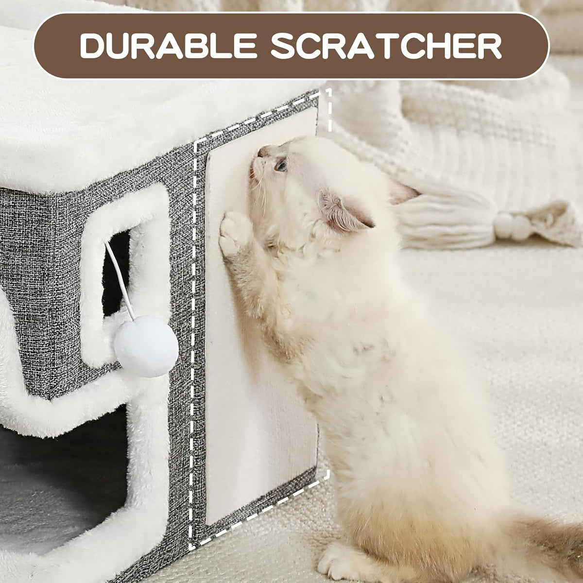 Cat Houses for Indoor Cats, Covered Cave Bed with Scratch Pad and Fluffy Ball, Foldable Cat Hideaway Condo for Large Cats, Modern Kitten Bed,16.5x16.5x13 inches (Grey, Large)