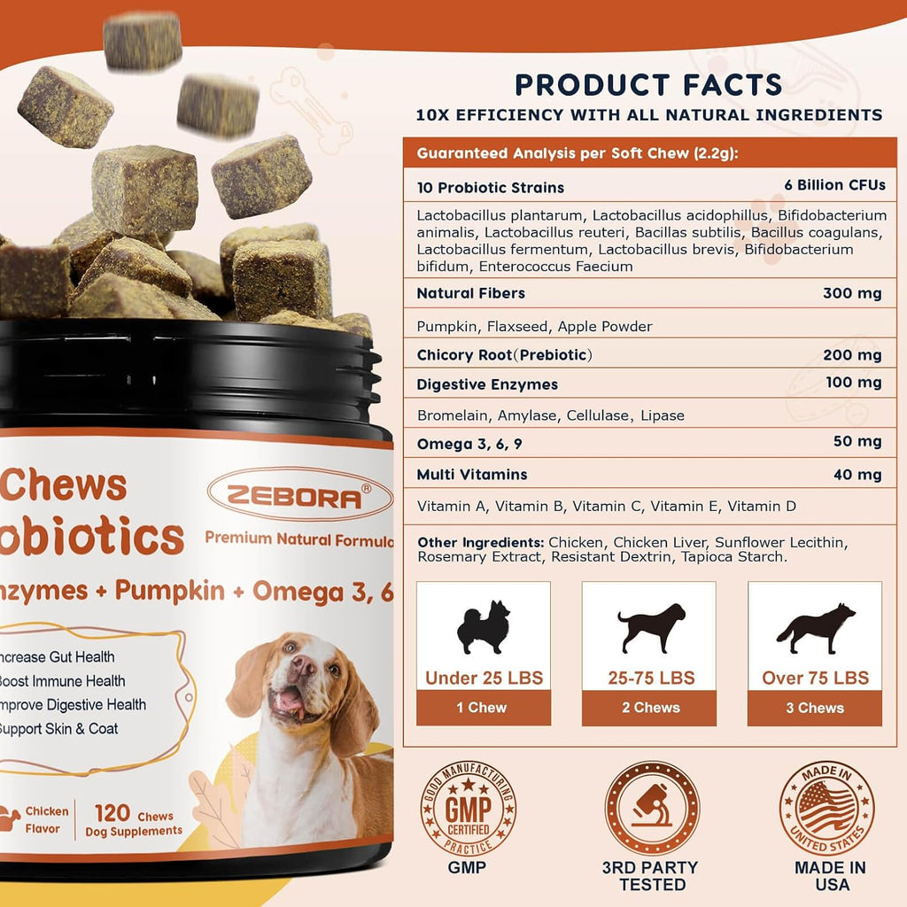 ZEBORA Probiotics for Dogs, Digestive & Itch Relief, 120 Soft Chews | Dog Probiotics for Digestive Health, Pumpkin & Fish Oil, Freshens Bad Breath, Easy to Break Apart, Daily Gut & Skin Support