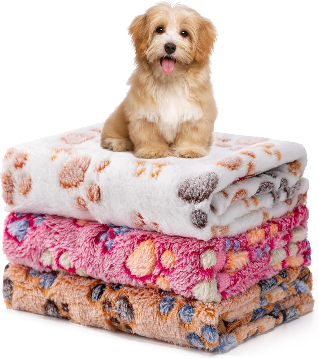 1 Pack 3 Blankets Fluffy Premium Fleece Soft Pet Blanket Flannel Throw for Cat Dog Puppy (Small 23x16'', Paw-White/Pink/Brown)
