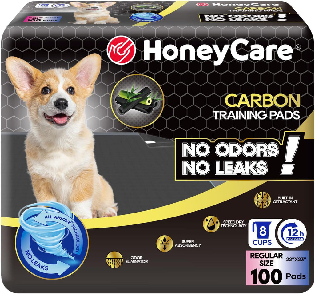 HONEY CARE All-Absorb Puppy Training Pads | Doggie Potty Pads Absorb Eliminating Urine Odor, Ultra Charcoal Dog Pee Pad (Carbon, L 22x23 inch, 100ct)