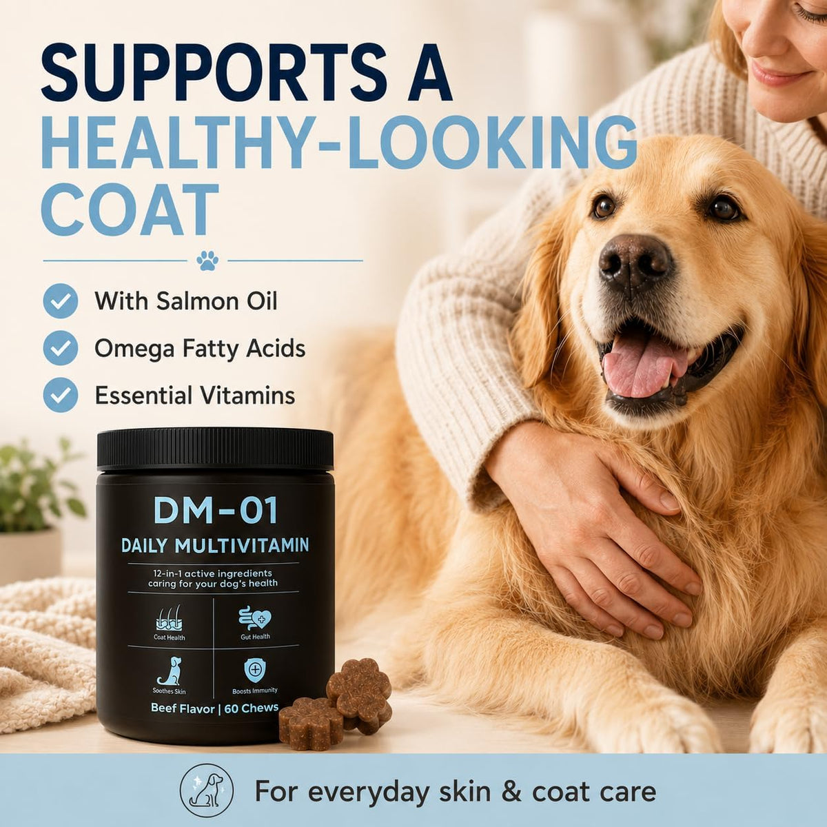 DM-01 Daily Multivitamin, Multivitamin Itch Relief Chews for Dog, Beef | 12-in-1 daily multivitamin chews with Salmon Oil, Probiotics, Glucosamine & Essential Vitamins for everyday dog wellness.
