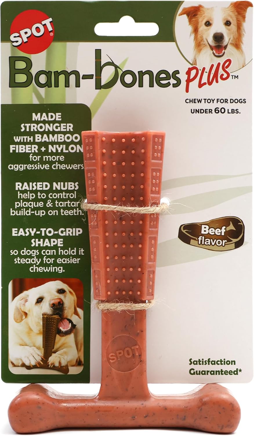 SPOT Bam-Bones Plus T Bone – Bamboo Fiber & Nylon Dog Chew Toy for Moderate to Aggressive Chewers, Durable Long Lasting & Non-Splintering, Beef Flavor Toy for Adult Dogs & Puppies Under 60 lbs, 6 in