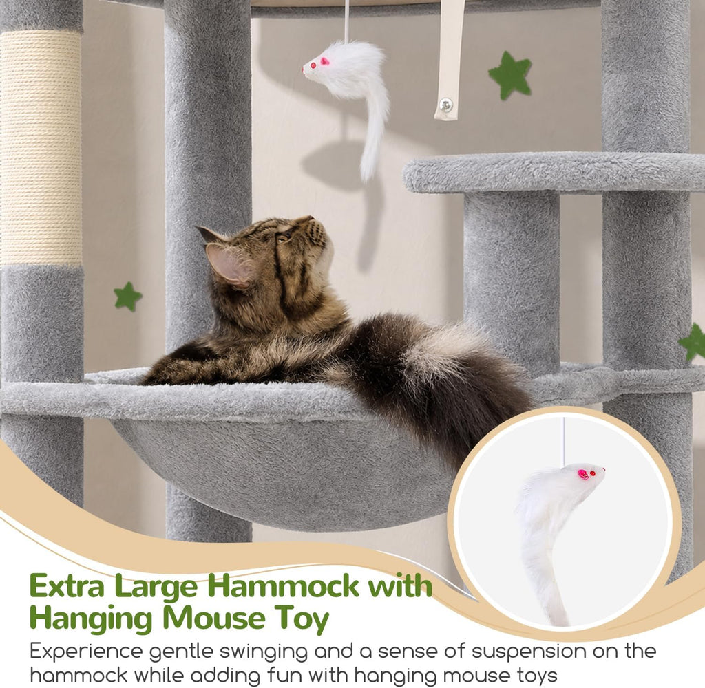 Globlazer Heavy Duty Cat Tree, 70 inch Sturdy Cat Tree for Indoor Cats Extra Large Cat Tower with Scratching Post, Hammock, Cat Condo for Adult Cats Kittens, F70 Pro, Light Grey