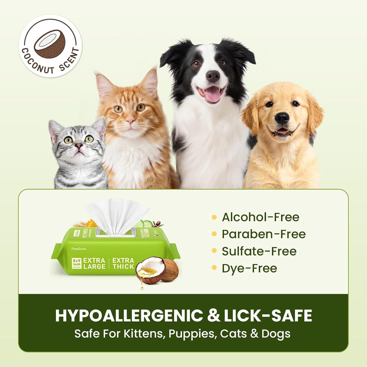 PawSono Hypoallergenic Pet Wipes for Dogs, Cats & Small Animals, 400 Coun