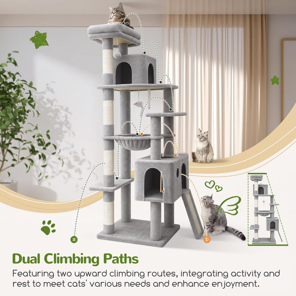 Globlazer Heavy Duty Cat Tree, 70 inch Sturdy Cat Tree for Indoor Cats Extra Large Cat Tower with Scratching Post, Hammock, Cat Condo for Adult Cats Kittens, F70 Pro, Light Grey