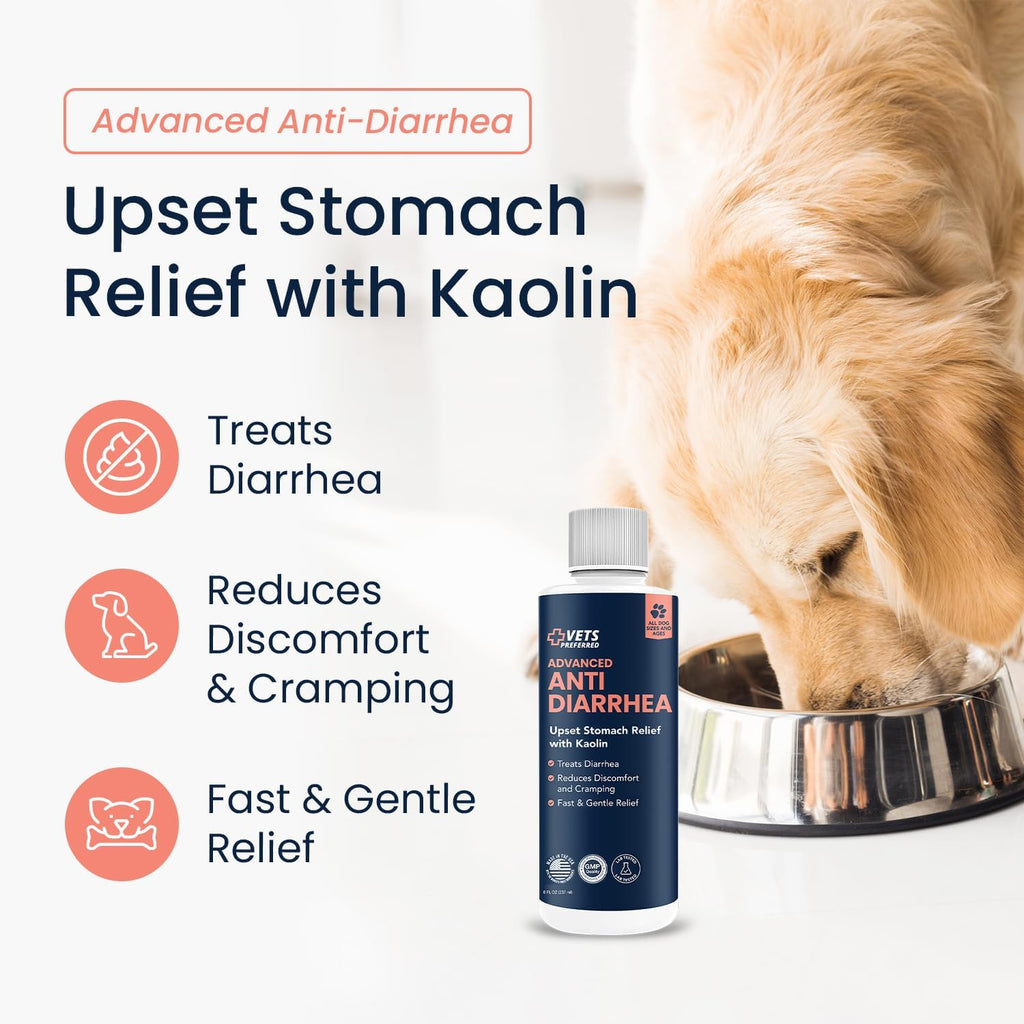 Vets Preferred Anti-Diarrhea & Gas Relief for Dogs – Kaolin Formula to Soothe Upset Stomach & Support Digestive Health – All Breed & Size Dogs – 8 fl oz Liquid – Made in USA | Natural alternative to dog diarrhea medication, soothes upset stomach, supports