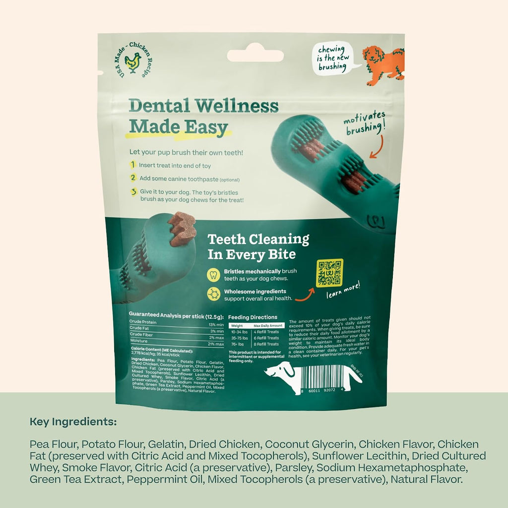 WOOF Bite n' Brush Dog Dental Chew Toy Refills, Chicken, 18 Count | Dental refill treats, chicken & beef options, oral care ingredients, reusable with Bite n' Brush