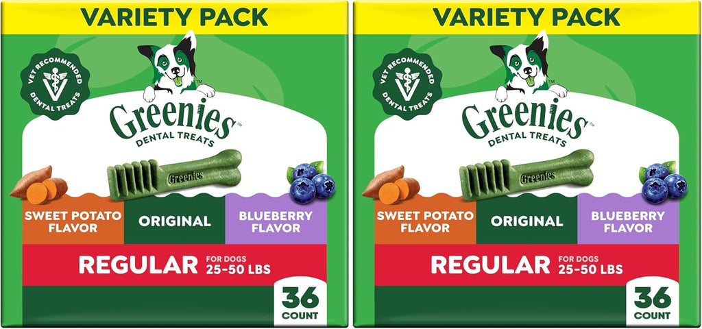 Greenies Regular Dental Dog Treats Flavor, Variety Pack, 36 Count | Veterinarian-recommended, Original, Blueberry, Sweet Potato flavors, (3) 12 oz. packs, for dogs 25-50 lbs, freshens breath