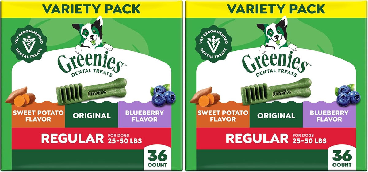 Greenies Regular Dental Dog Treats Flavor, Variety Pack, 36 Count | Veterinarian-recommended, Original, Blueberry, Sweet Potato flavors, (3) 12 oz. packs, for dogs 25-50 lbs, freshens breath