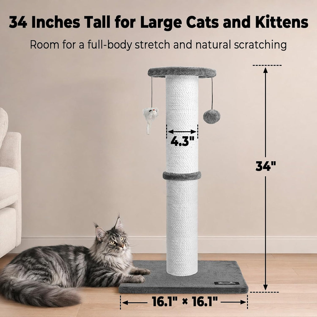 34-Inch Tall Cat Scratching Post for Large Cats, Stable Base, Gray