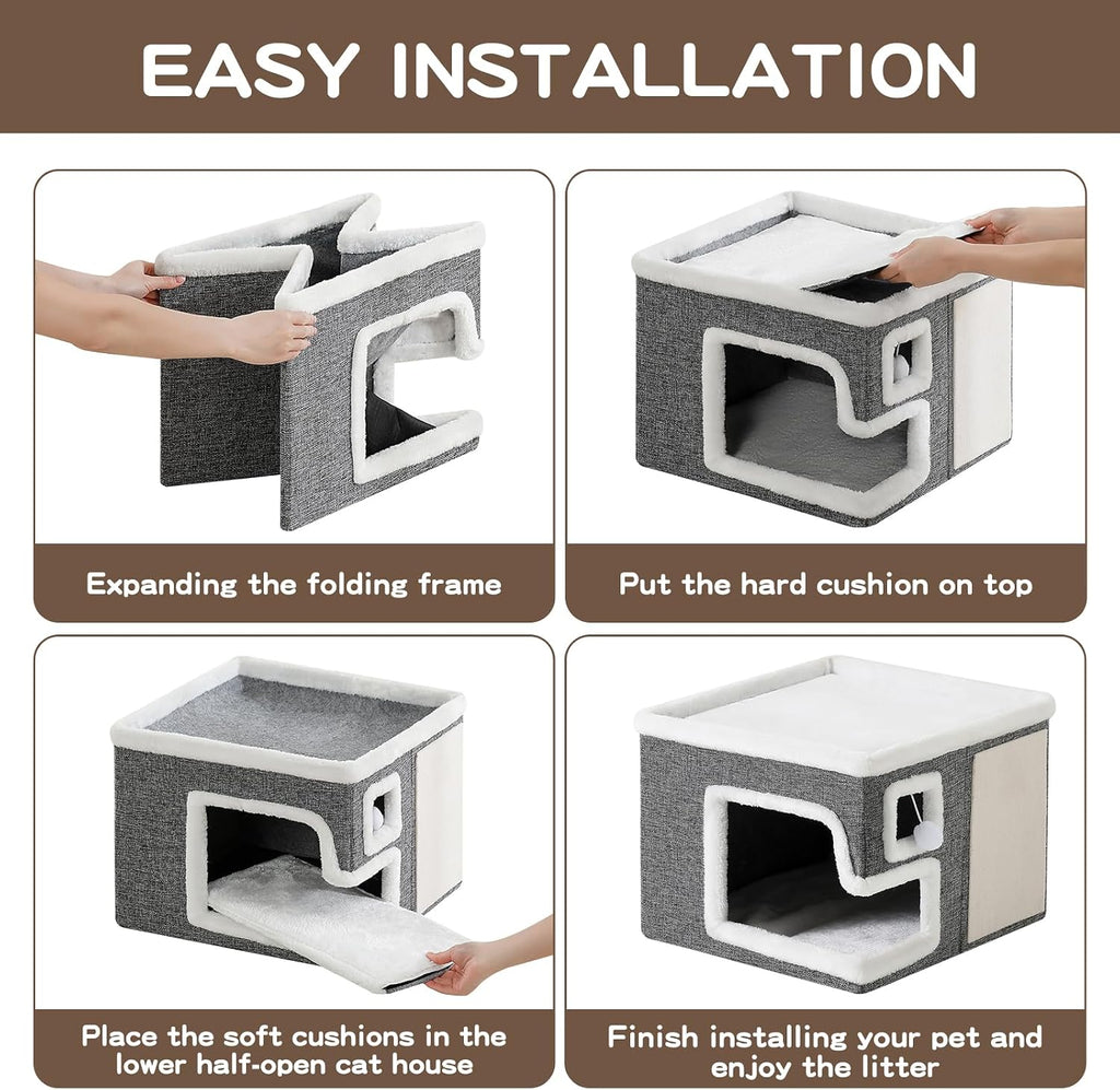 Cat Houses for Indoor Cats, Covered Cave Bed with Scratch Pad and Fluffy Ball, Foldable Cat Hideaway Condo for Large Cats, Modern Kitten Bed,16.5x16.5x13 inches (Grey, Large)