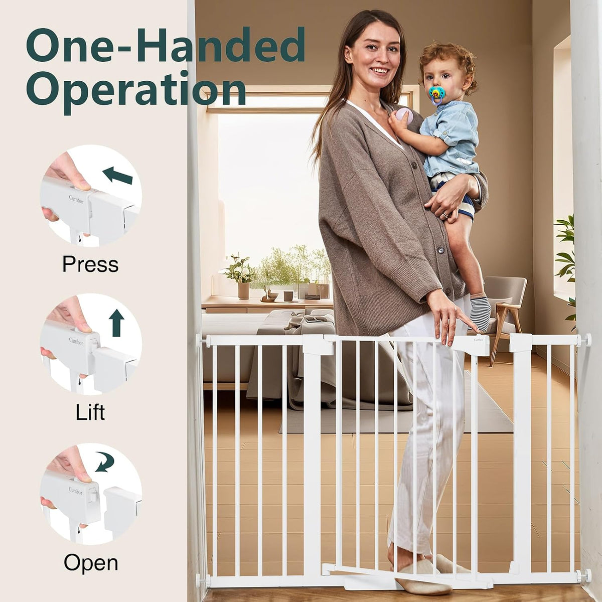 Cumbor 30-48 in Baby Gate for Stairs, Auto Close Dog Gate Indoor, White
