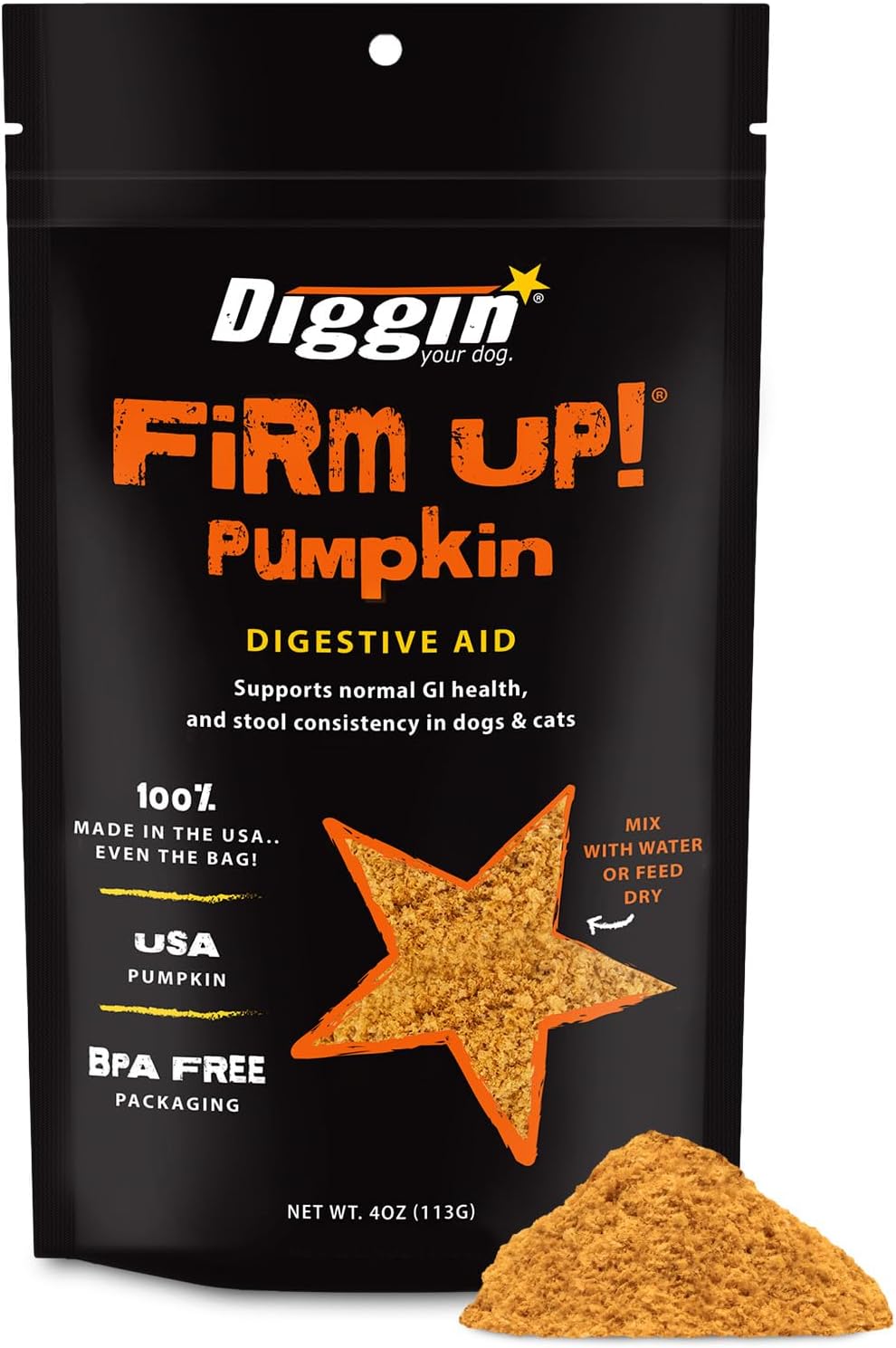 Diggin' Your Dog – Firm Up Pumpkin for Dogs & Cats – Fiber Supplement with Pumpkin & Apple Fiber for Cat & Dog Digestive Support – Made in USA, 4 oz | Real Pumpkin & Apple Fiber Powder for Dog & Cat Digestive Support to Help Promote Prebiotic Gut Health, 