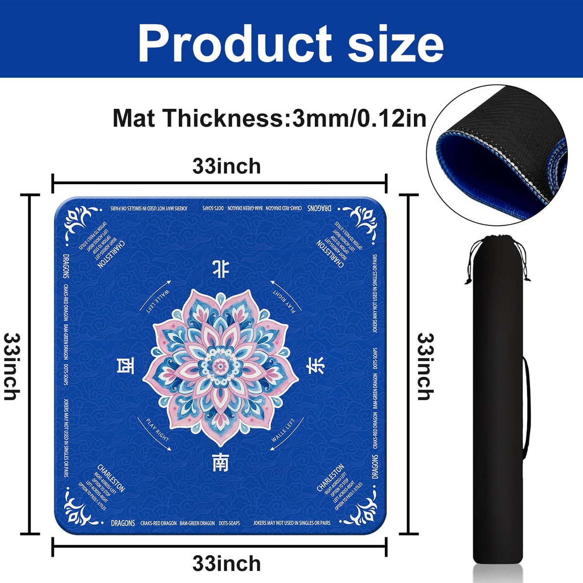 GreenD Mahjong Mat for Table 31.5"x31.5" Rubber American Mahjong Mat with Rules, Non Slip Noise Reduction Game Table Cover with Dice and Bag for Mahjong, Poker, Board, Card, Tile Games（Blue ）