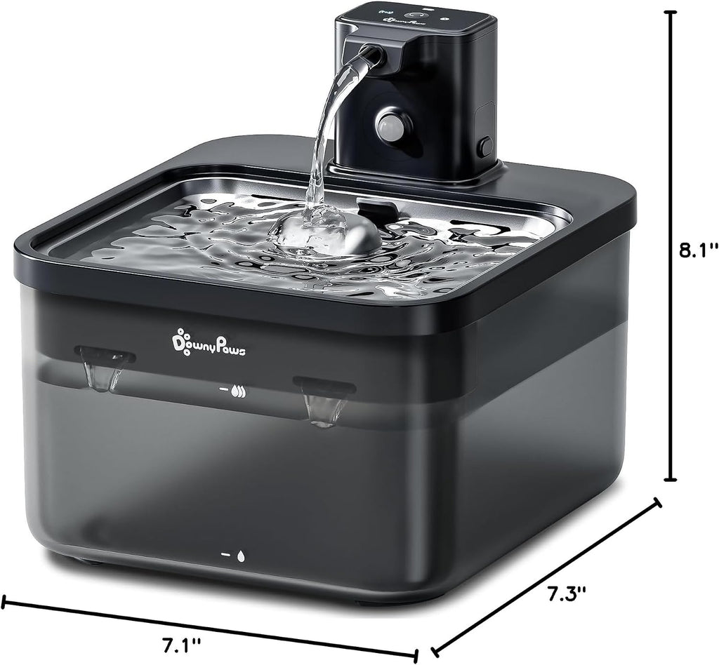 DownyPaws Cat Water Fountain Cordless, Pet Fountain, 84oz/2.5L, Black Pro