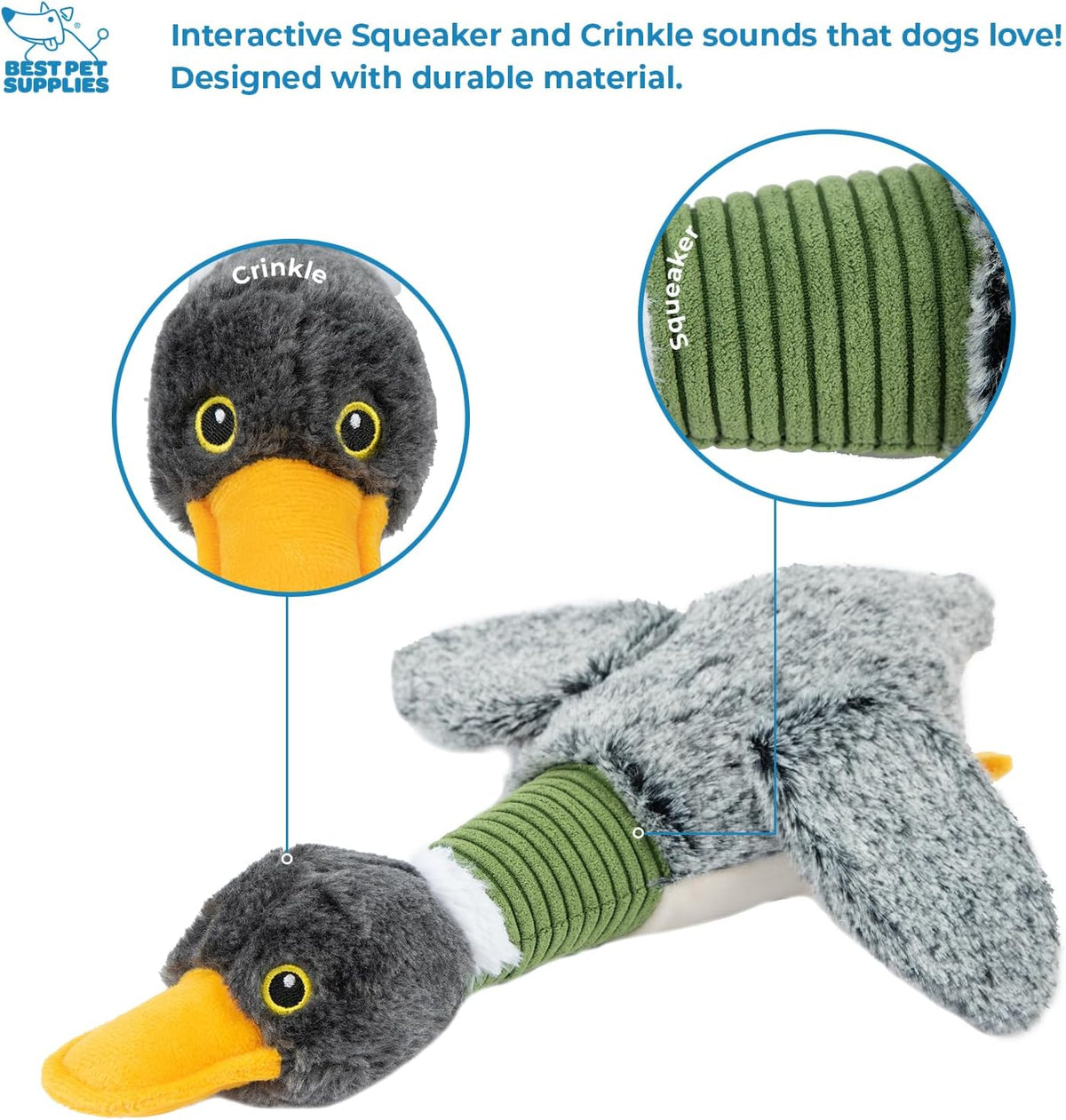 Best Pet Supplies Interactive Squeaky Dog Chew Toy, Ideal Dog Toys for Chewers, Small, Medium & Large Dogs, and Fetch Lovers - Mallard Duck Wing (Gray), Small