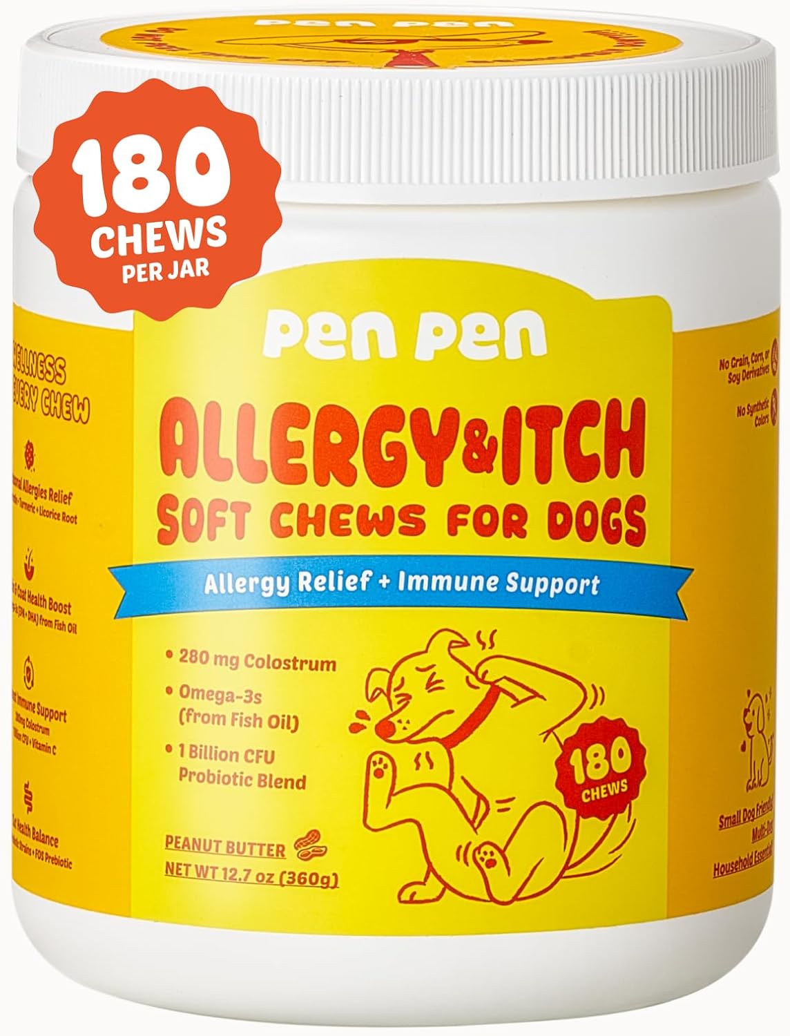 PENPEN Dog Allergy Chews - Anti-Itch & Itchy Skin Support for Dogs, Probiotics & Omega 3 (Fish Oil) for Immune & Gut Health - Peanut Butter Flavor - 180 Soft Chews